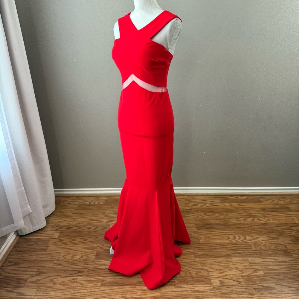 Red Chevron cutout long formal mesh dress gown size 8 (RUNS SMALL fits 2/4)